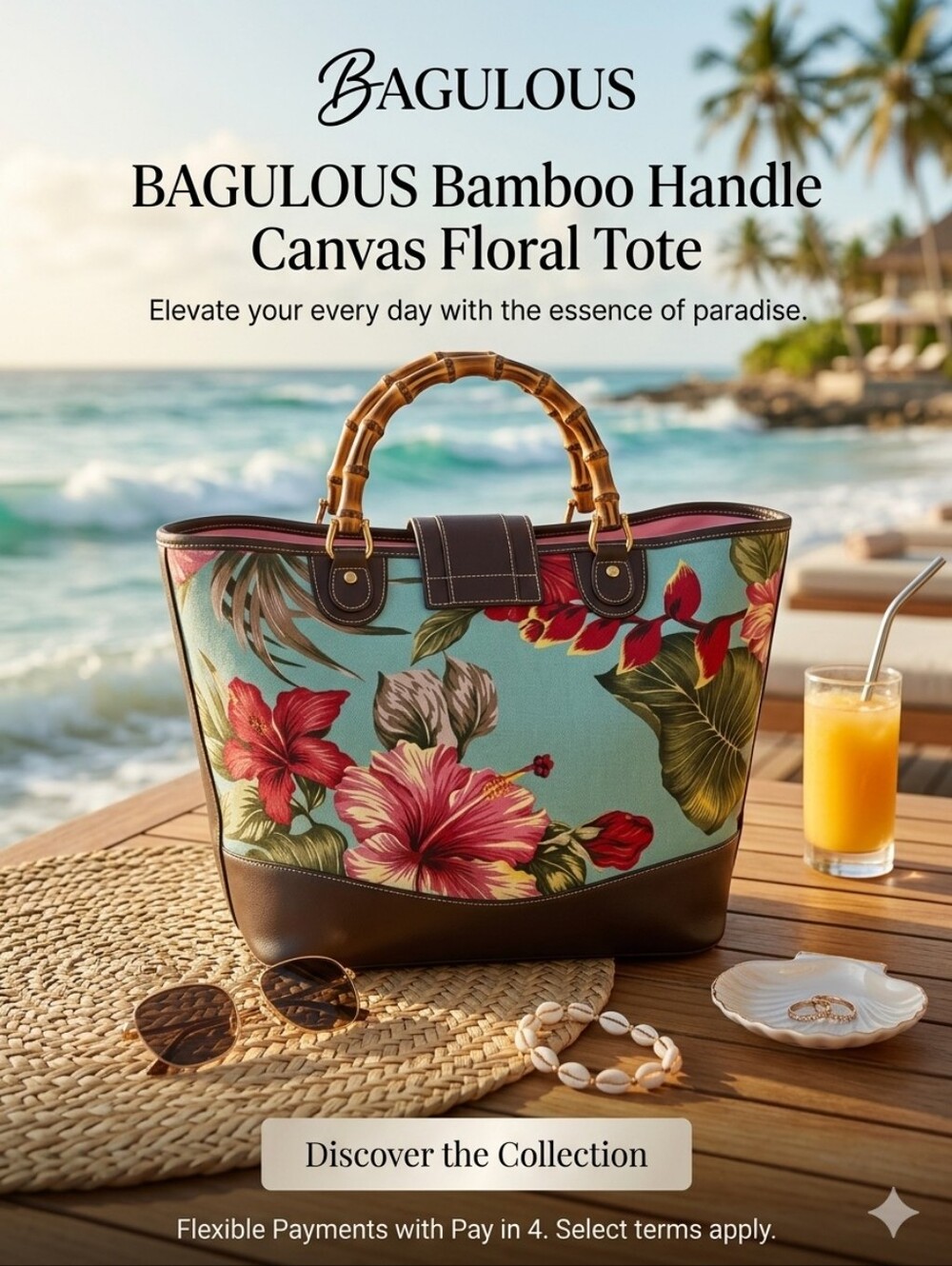 BAGULOUS Bamboo Handle Canvas Floral Tote